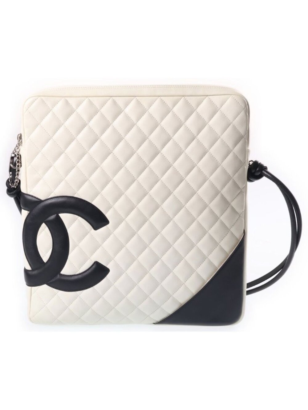 Chanel Cambon Line CC Logo Quilted Shoulder Bag White Black Lambskin Silver